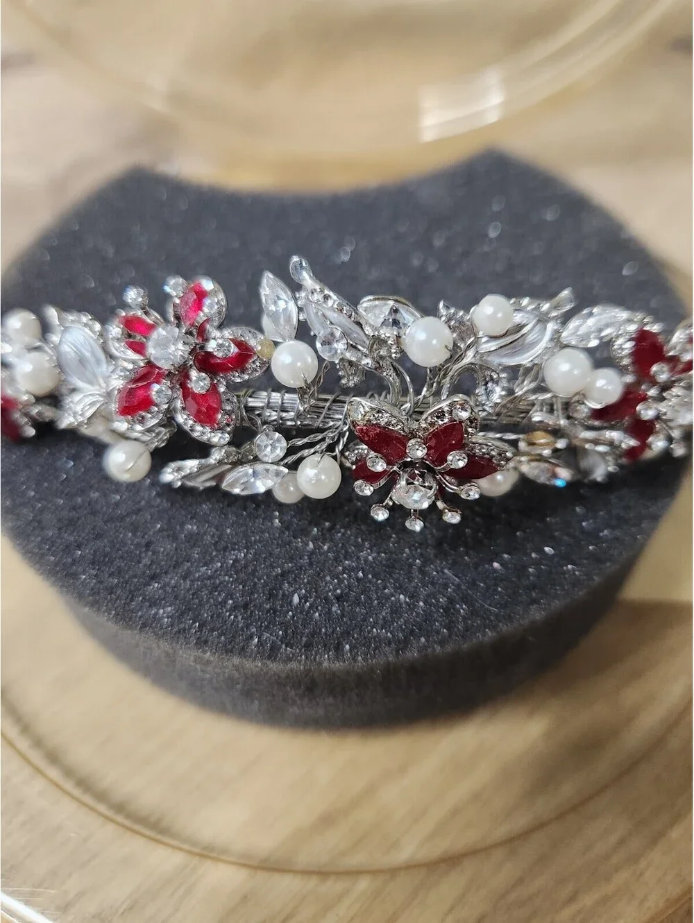 VTG Davids Bridal Wedding Prom Crystal Tiara Rhodium Pearl Apple Stone Flowers